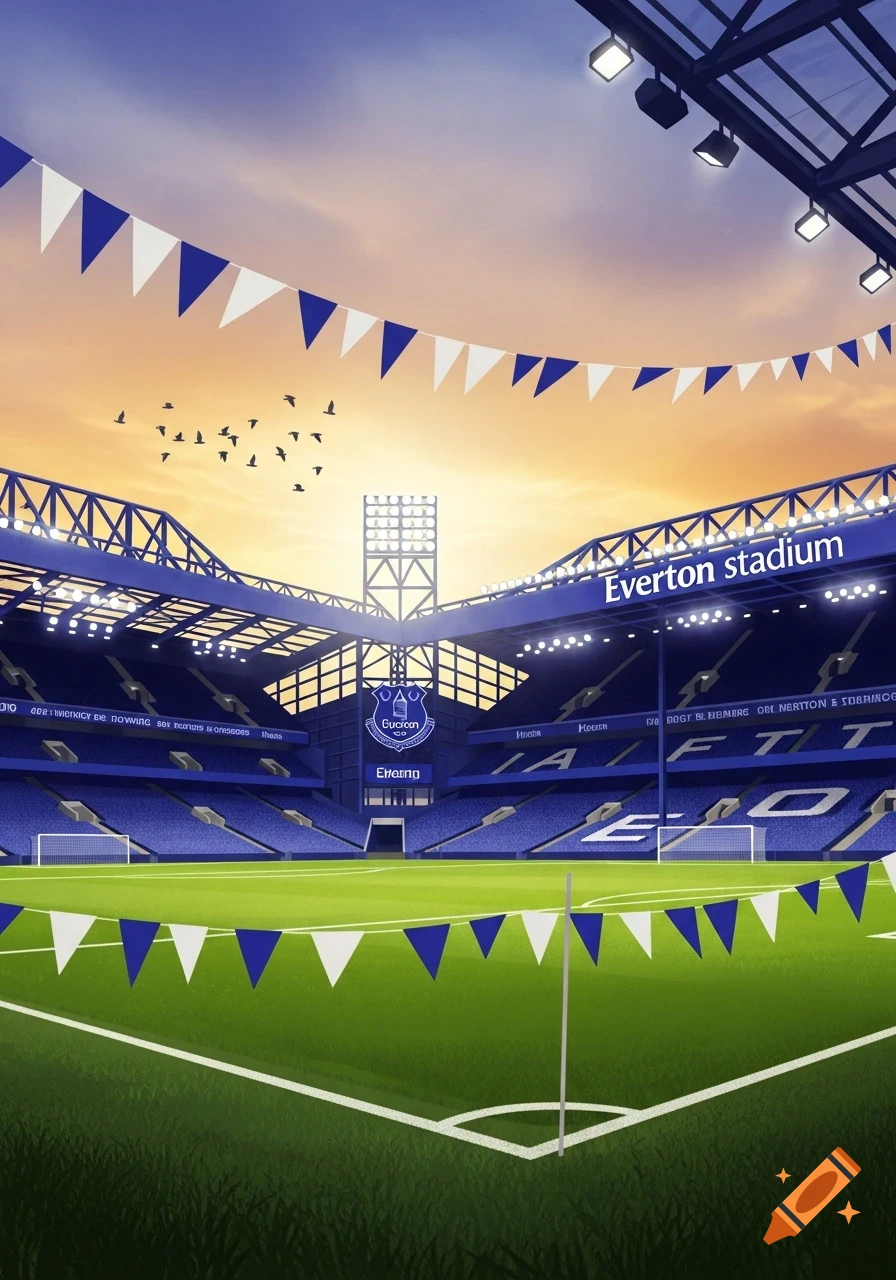Illustrated view of Everton stadium at sunset with blue and white bunting flags and birds in the sky.