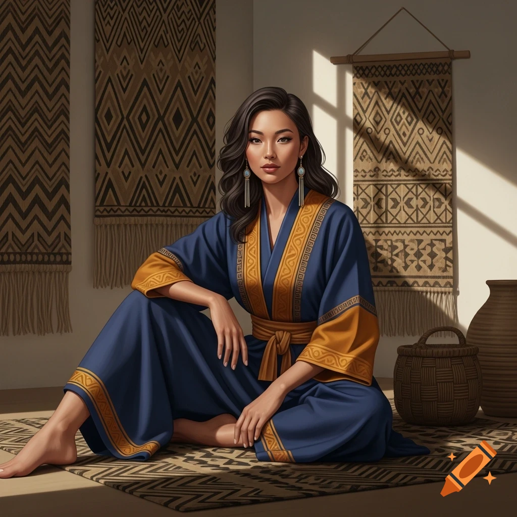 A beautiful woman in a blue and gold traditional robe sits barefoot on a patterned rug, surrounded by woven wall hangings.