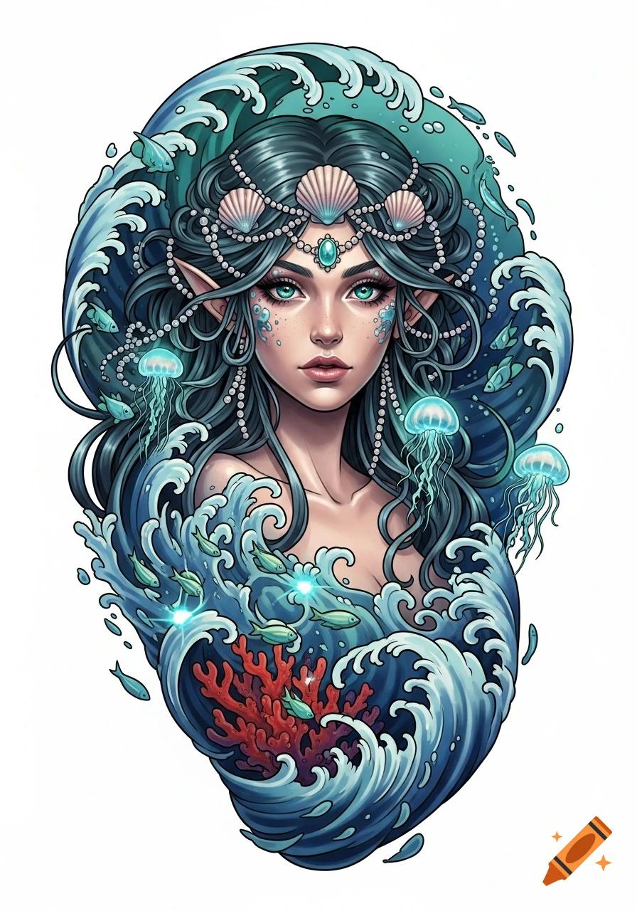Stylized illustration of a sea goddess with dark hair and a shell crown, emerging from blue waves with fish, jellyfish, and red coral.