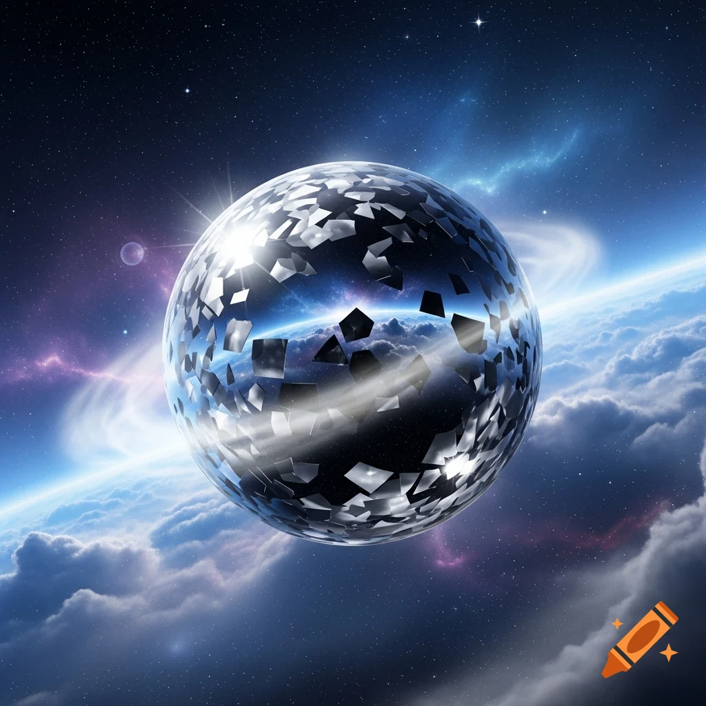 A shattered, mirrored disco ball-like planet reflecting a blue and purple nebula, surrounded by clouds and stars in space.