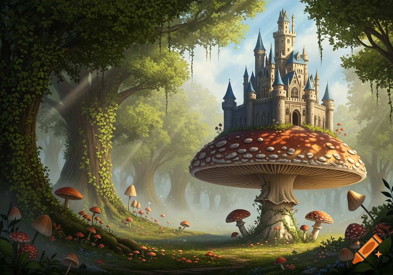 A whimsical fantasy landscape featuring a large castle perched atop a giant red mushroom in a magical, misty forest filled with smaller mushrooms.