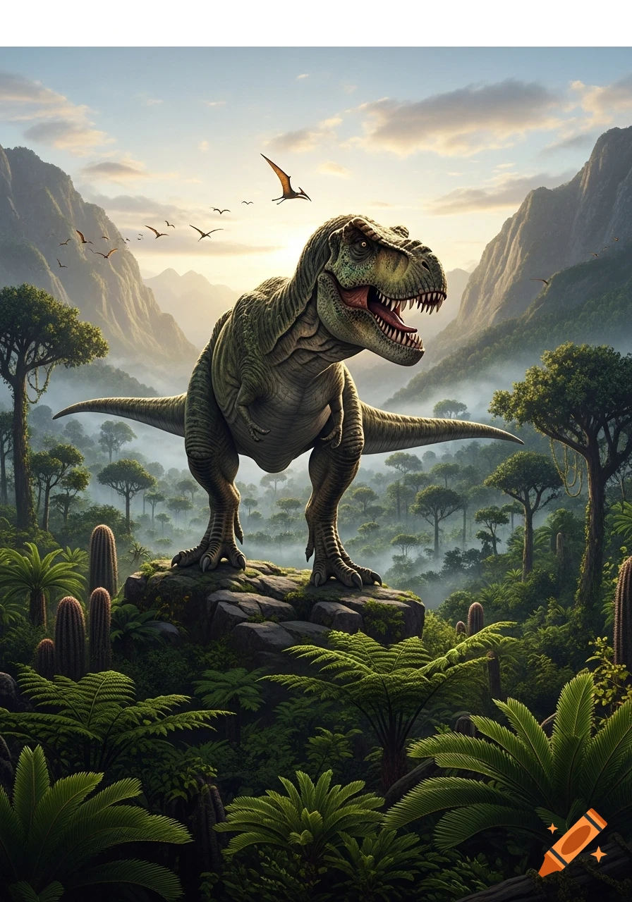 A large, green Tyrannosaurus Rex stands roaring on a rock in a lush prehistoric jungle, with pterodactyls flying at sunrise.