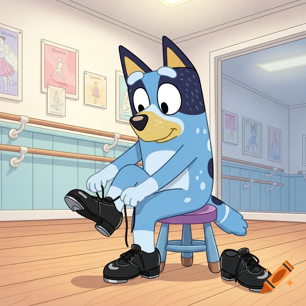 Bluey Heeler, a blue dog cartoon character, sits on a stool tying black tap shoes in a dance studio.