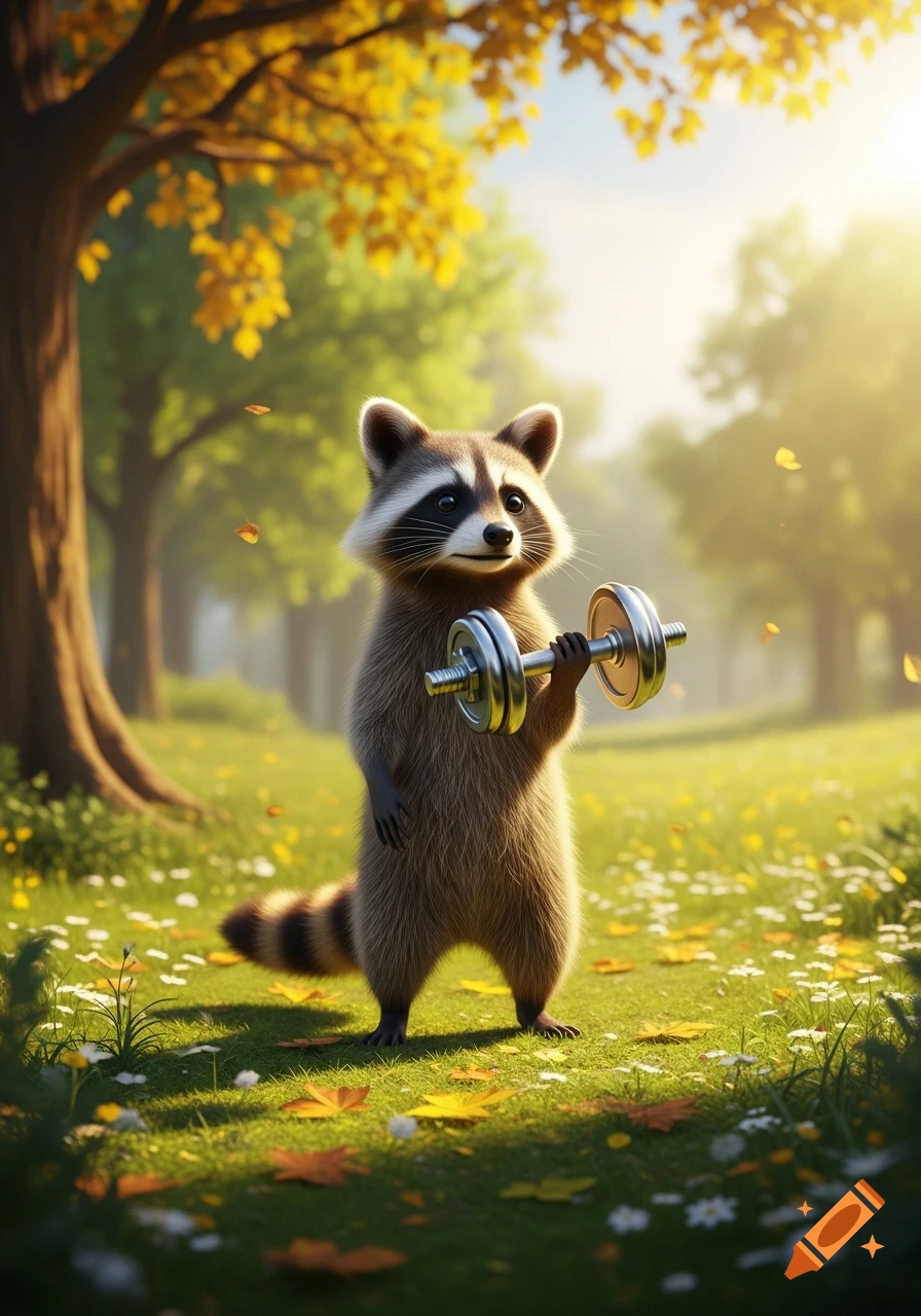 A cute cartoon raccoon stands upright in a sunny park, lifting a silver dumbbell amidst green grass and autumn leaves.
