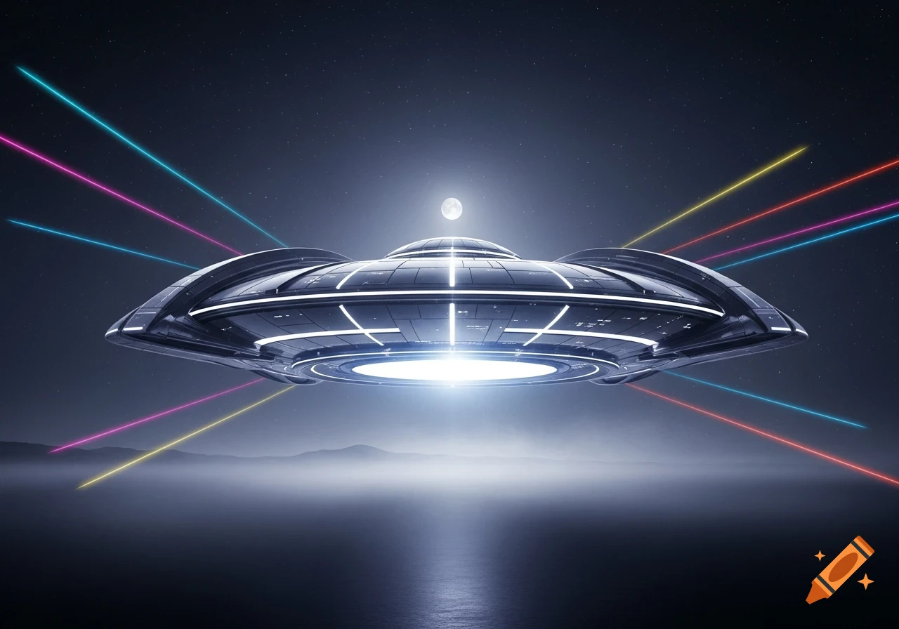 Futuristic UFO with bright lights and colorful beams hovers over a hazy landscape under a starry night sky with a full moon.