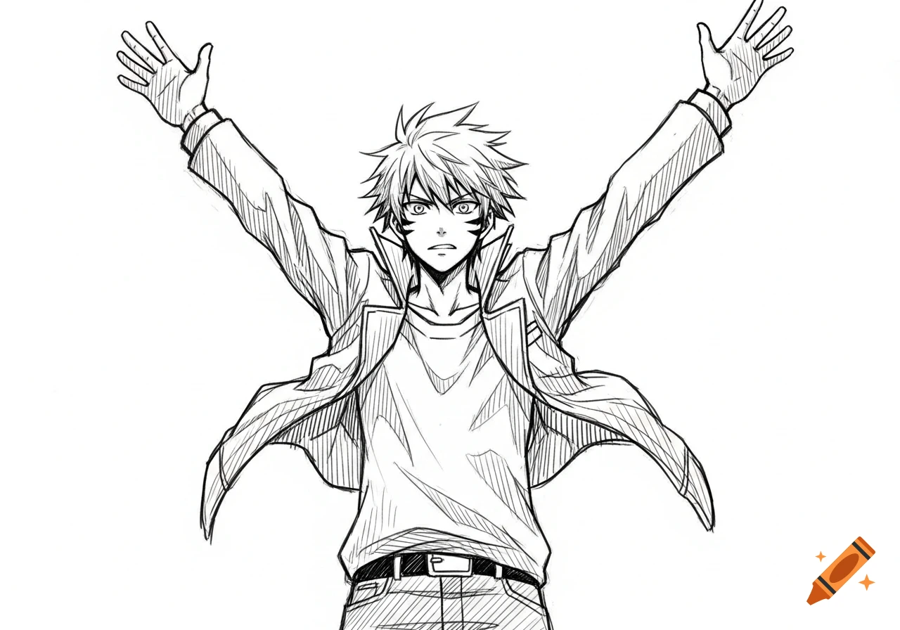 Black and white sketch of an anime boy with spiky hair, wearing a jacket, standing with arms raised above his head.