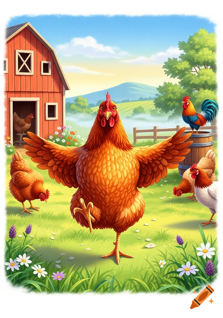 A vibrant illustration of a large orange chicken T-posing in a grassy farm field with a red barn, other chickens, a rooster, and hills in the background.