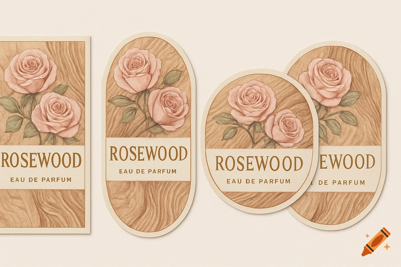 A set of four elegant perfume labels in rectangular, oval, and circular shapes, featuring pink roses, green leaves, and a wood grain texture. The labels prominently display 'ROSEWOOD EAU DE PARFUM' in gold text.