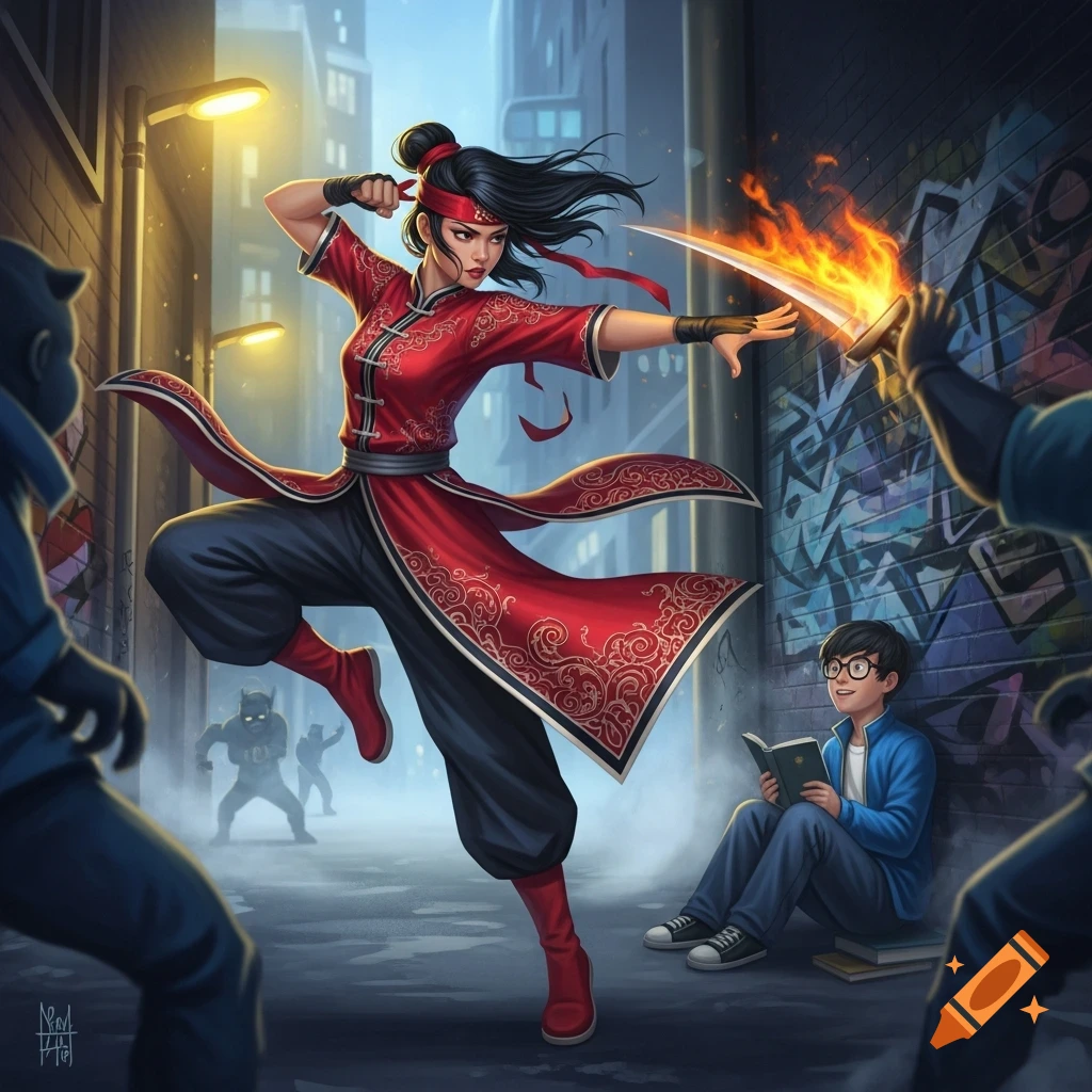 A martial arts girl in a red robe with a flaming sword defends a boy reading a book from shadowy figures in a city alley, stylized illustration.