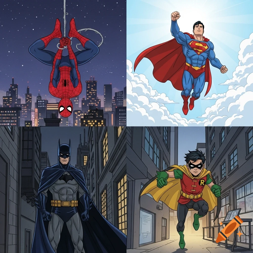 Four panels showing superheroes: Spider-Man hanging upside down, Superman flying, Batman standing, and Robin running in a comic art style.