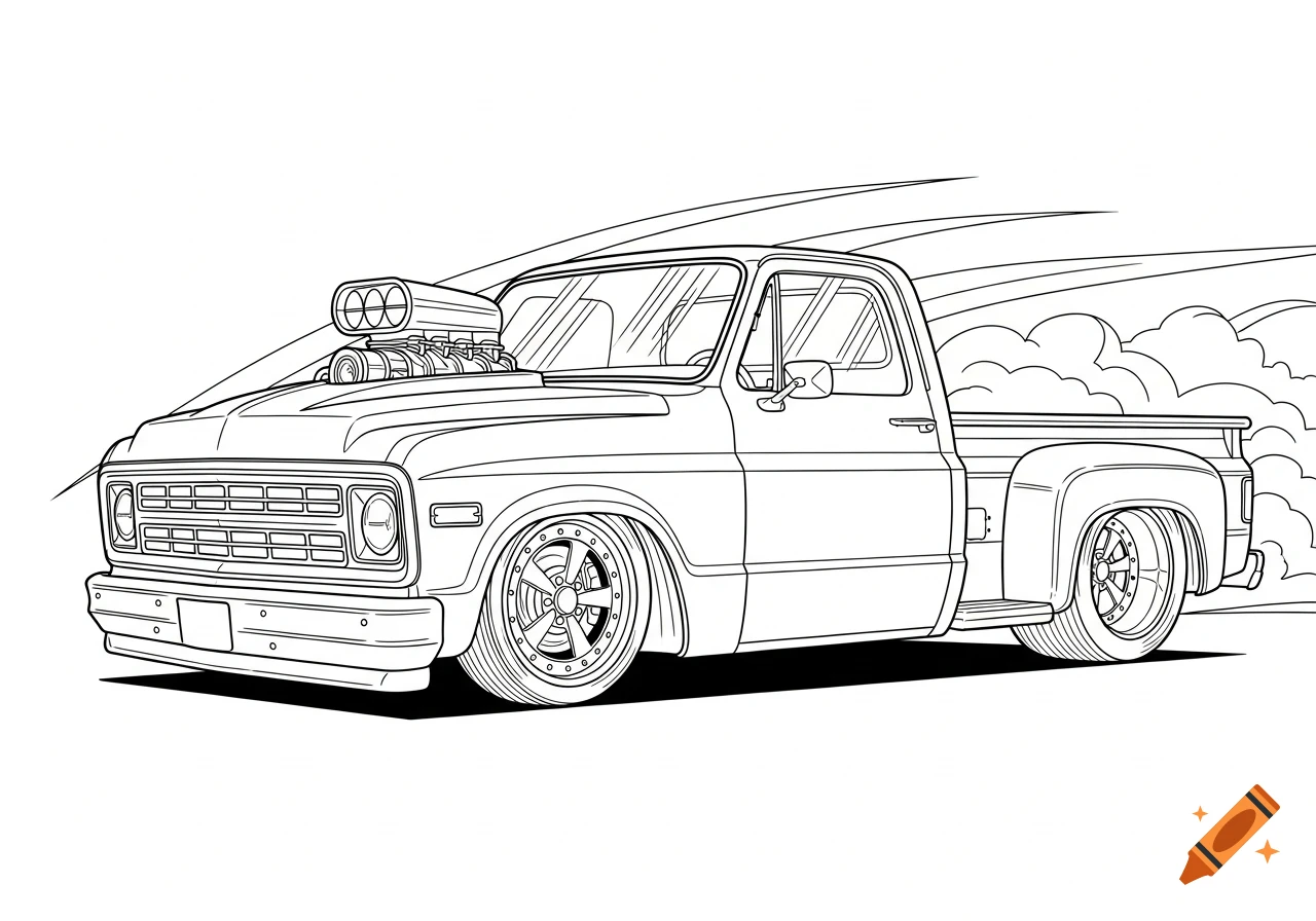 A line art drawing of a custom pickup truck with velocity stacks and slick tires, designed as a coloring page.