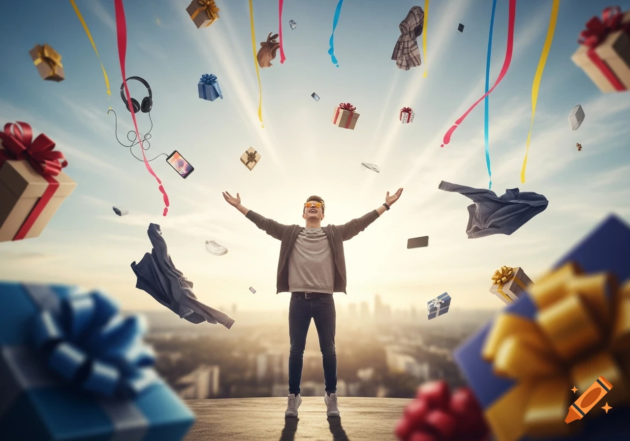 A smiling young man stands on a rooftop with arms raised as gift boxes, headphones, phones, and clothing fall from the sky, with a city skyline in the background. Photorealistic style.