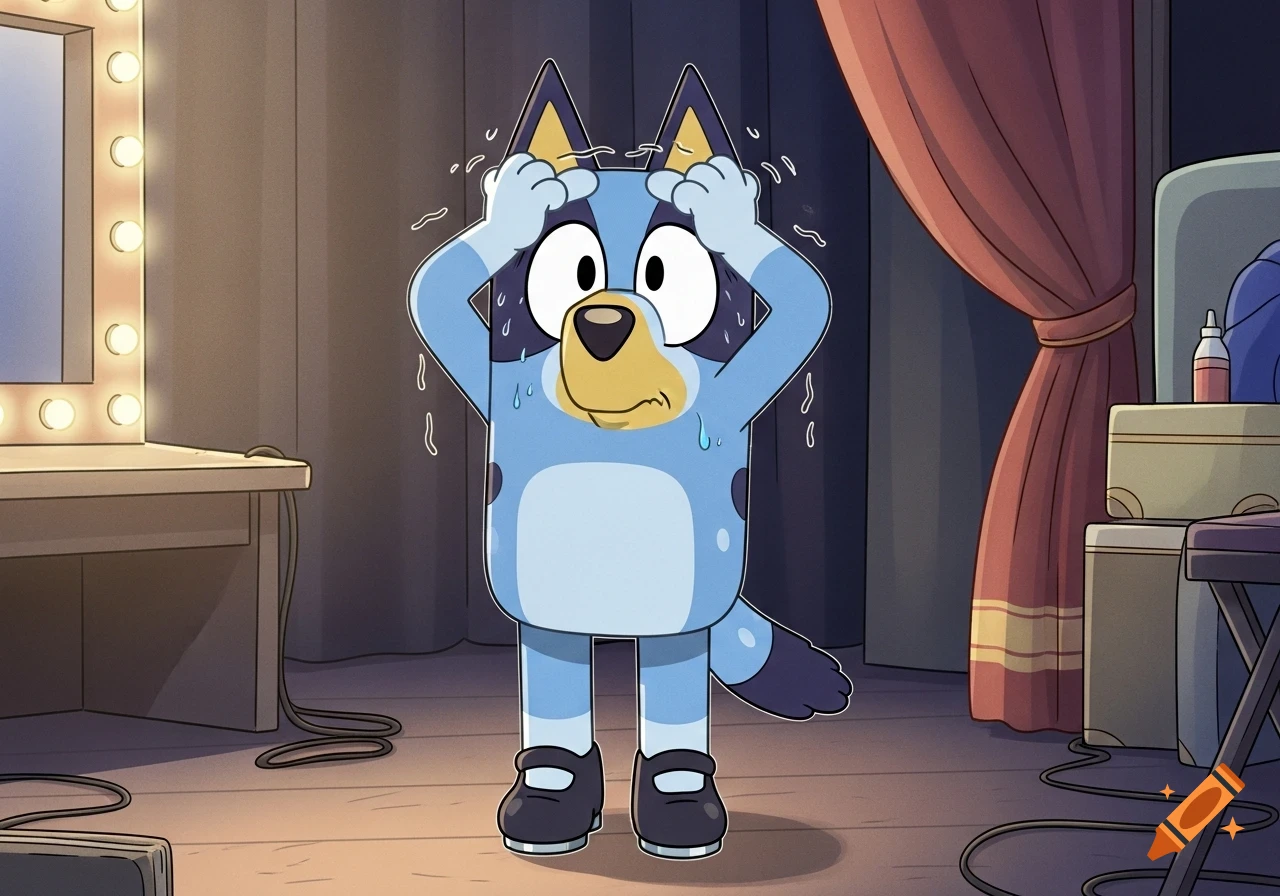 Bluey Heeler, a blue cartoon dog, stands backstage looking scared and sweating with hands on her head.