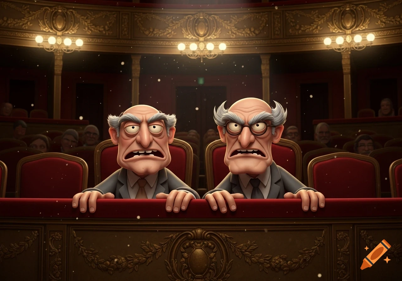 Cartoon men resembling Statler and Waldorf sit in a theater box with displeased expressions.