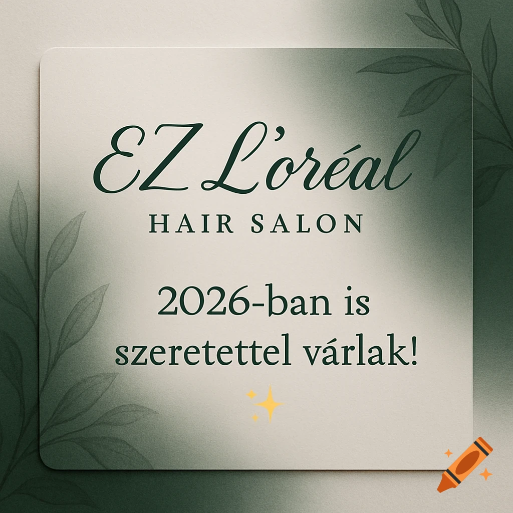 A square card for EZ L'oréal Hair Salon, featuring text '2026-ban is szeretettel várlak! ✨' on a light background with green leaf accents.