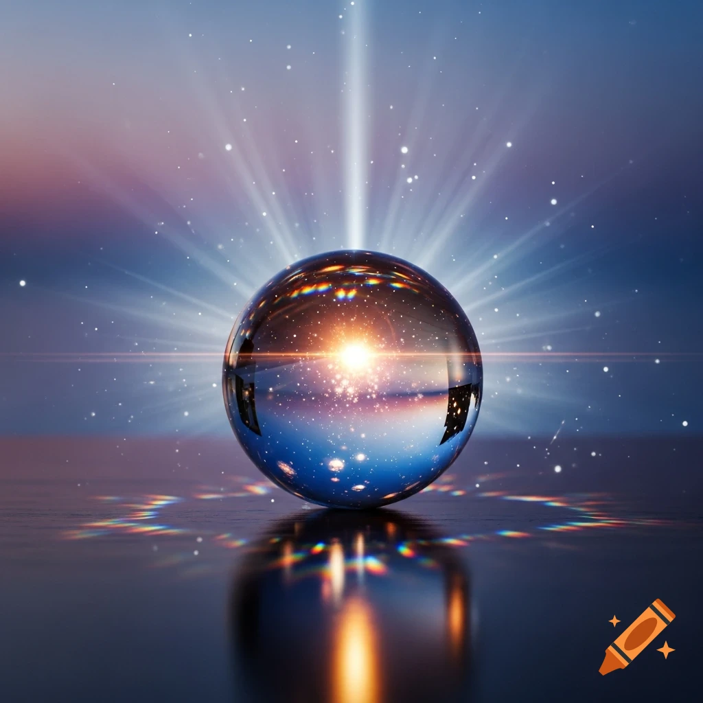 A photorealistic clear glass sphere reflecting a vibrant light source, casting colorful rainbow refractions on a dark, reflective surface.