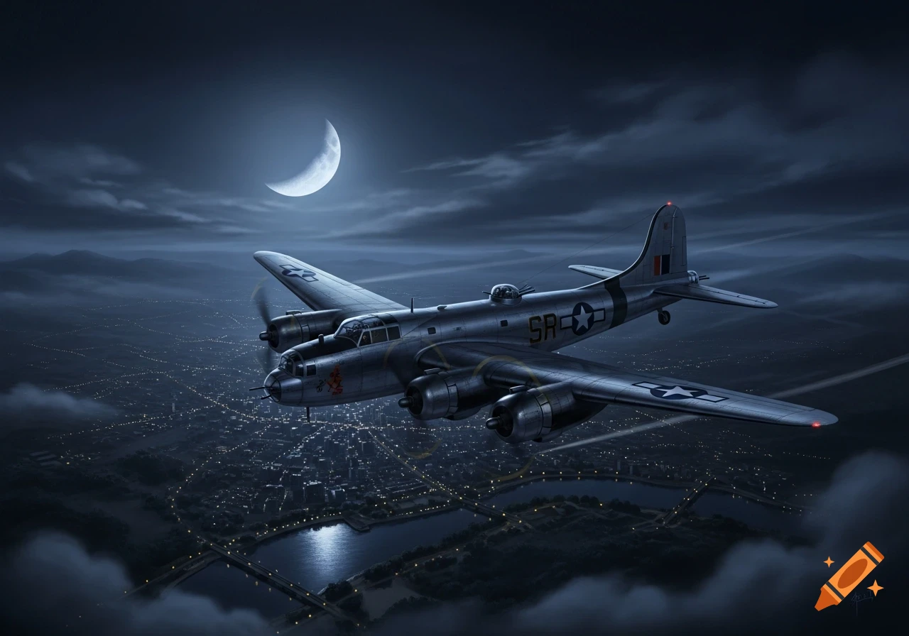 A detailed World War II bomber aircraft flies over a sprawling city lit up at night, under a bright crescent moon, in a photorealistic style.