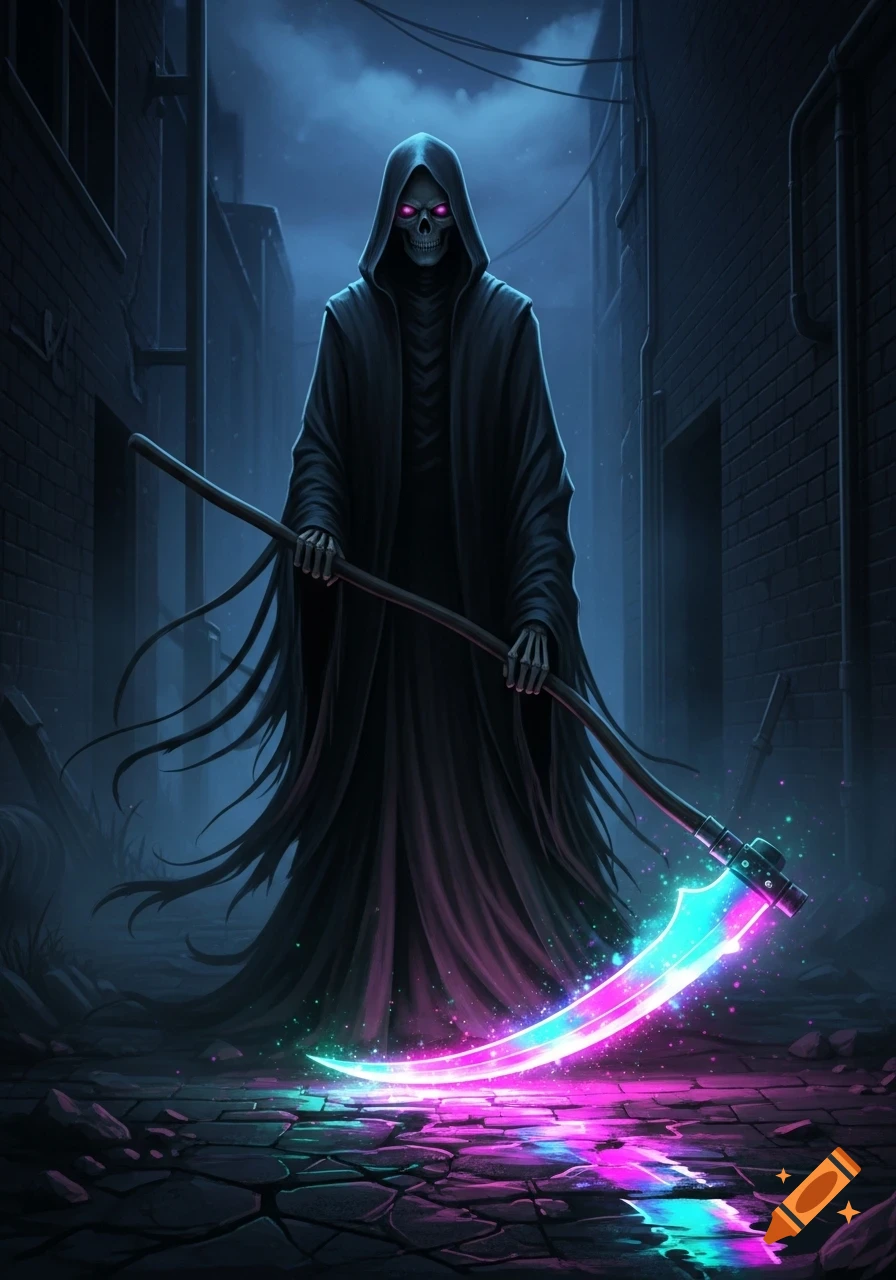 A grim reaper in a dark alley holds a scythe with a glowing neon blade, reflecting on the wet cobblestone.