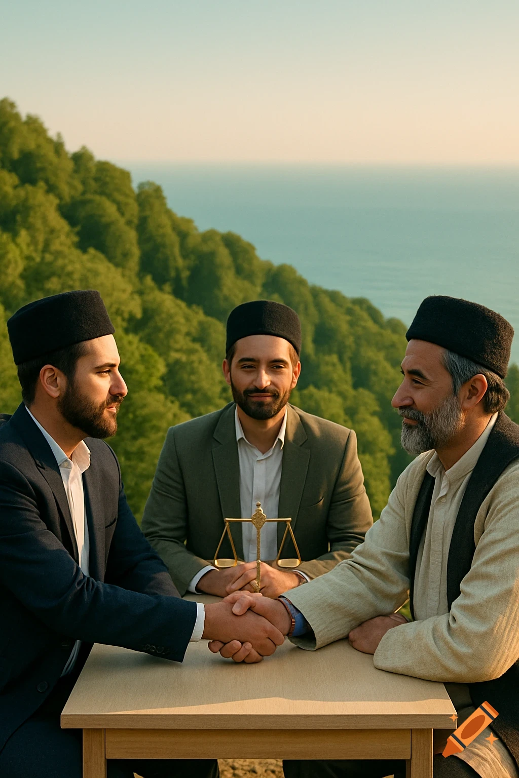 Two men shake hands, with a mediator and a scale of justice, against a scenic background of green forests and the sea.