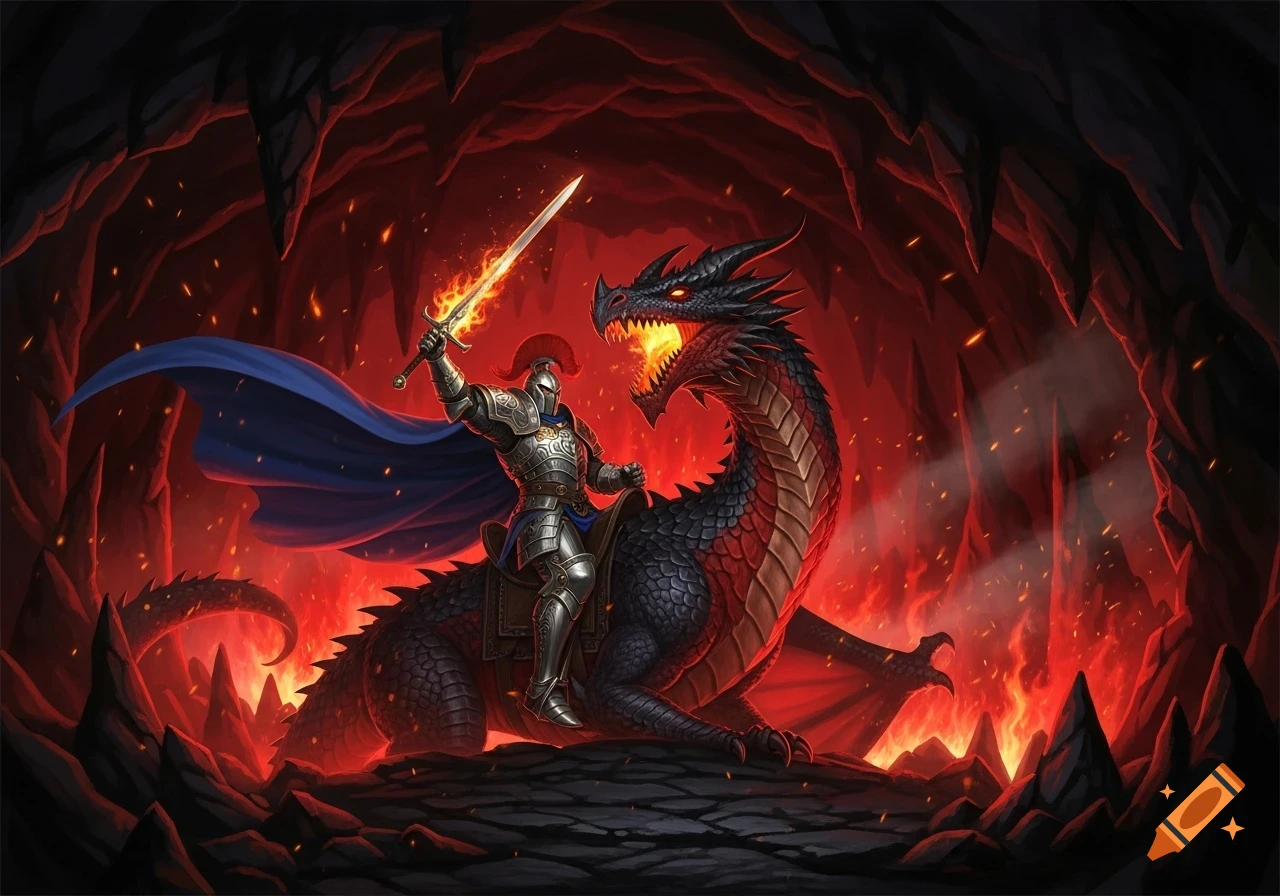A knight in silver armor with a blue cape rides a black and red dragon, holding a flaming sword aloft in a fiery cave.