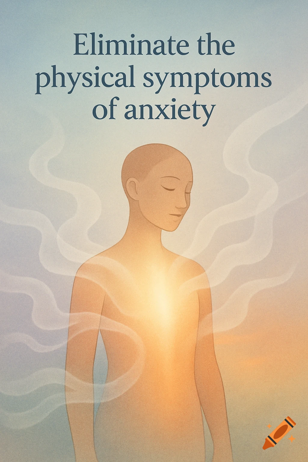 An illustration of a serene figure with glowing chest and wispy aura. Text: 'Eliminate the physical symptoms of anxiety'.