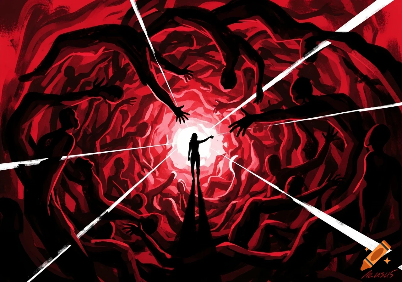 A single silhouetted figure reaches toward a bright light, surrounded by many dark, abstract figures in a chaotic red and black scene.