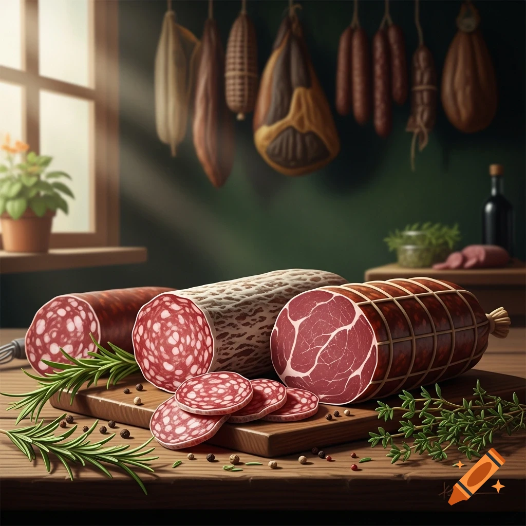 Photorealistic still life of various cured meats, including sliced salami, on a wooden board with rosemary and peppercorns, in a rustic setting.
