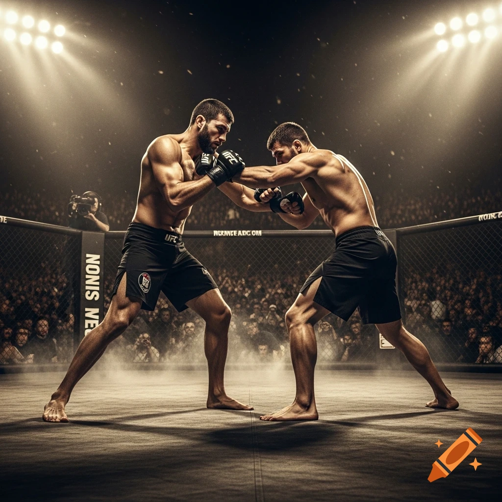 Two muscular MMA fighters in a ring under bright stadium lights, exchanging punches during a match, with a crowd visible in the background.