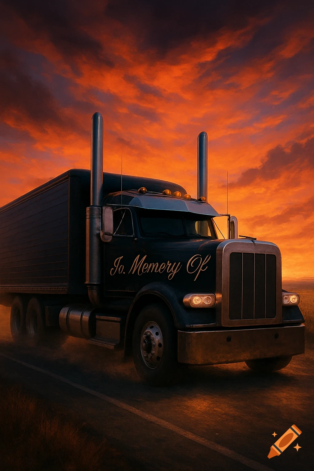 Dark semi-truck with 'Jo. Memery Of' on its side drives on a road under a dramatic orange and red sunset sky.