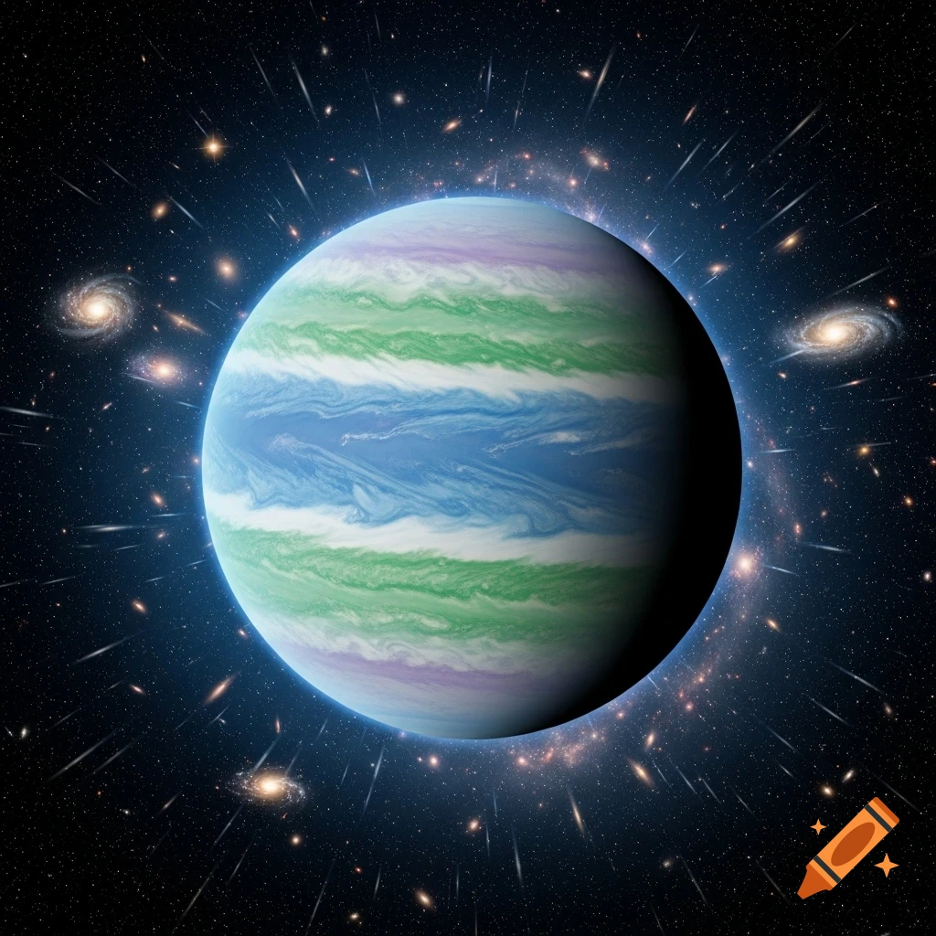 A vibrant gas giant planet with swirling bands of blue, green, white, and purple, set against a dark starry background with distant galaxies and light streaks.