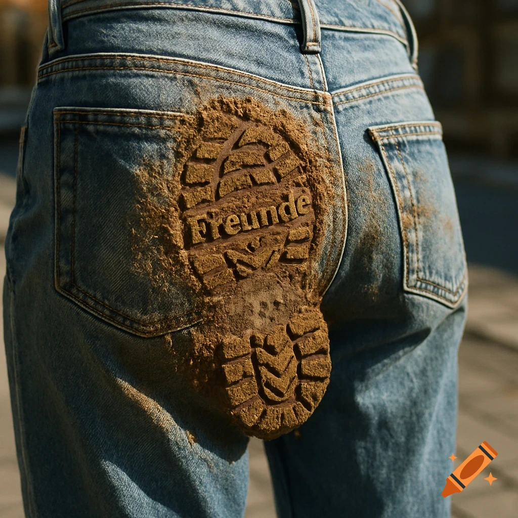 Close-up of a dirty shoe sole imprint with "Freunde" in the mud on a person's blue jeans.