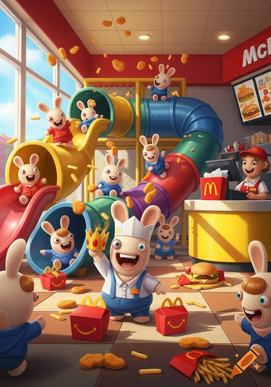Vibrant cartoon image of multiple Rabbids playing in a colorful McDonald's play place with a cashier, fries, and burgers.