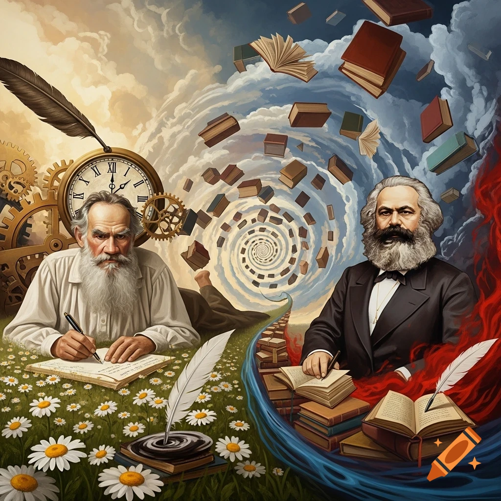 A surreal painting depicting Leo Tolstoy writing in a field of daisies on the left, and Karl Marx amidst books and red flames on the right, with books swirling in a sky vortex.