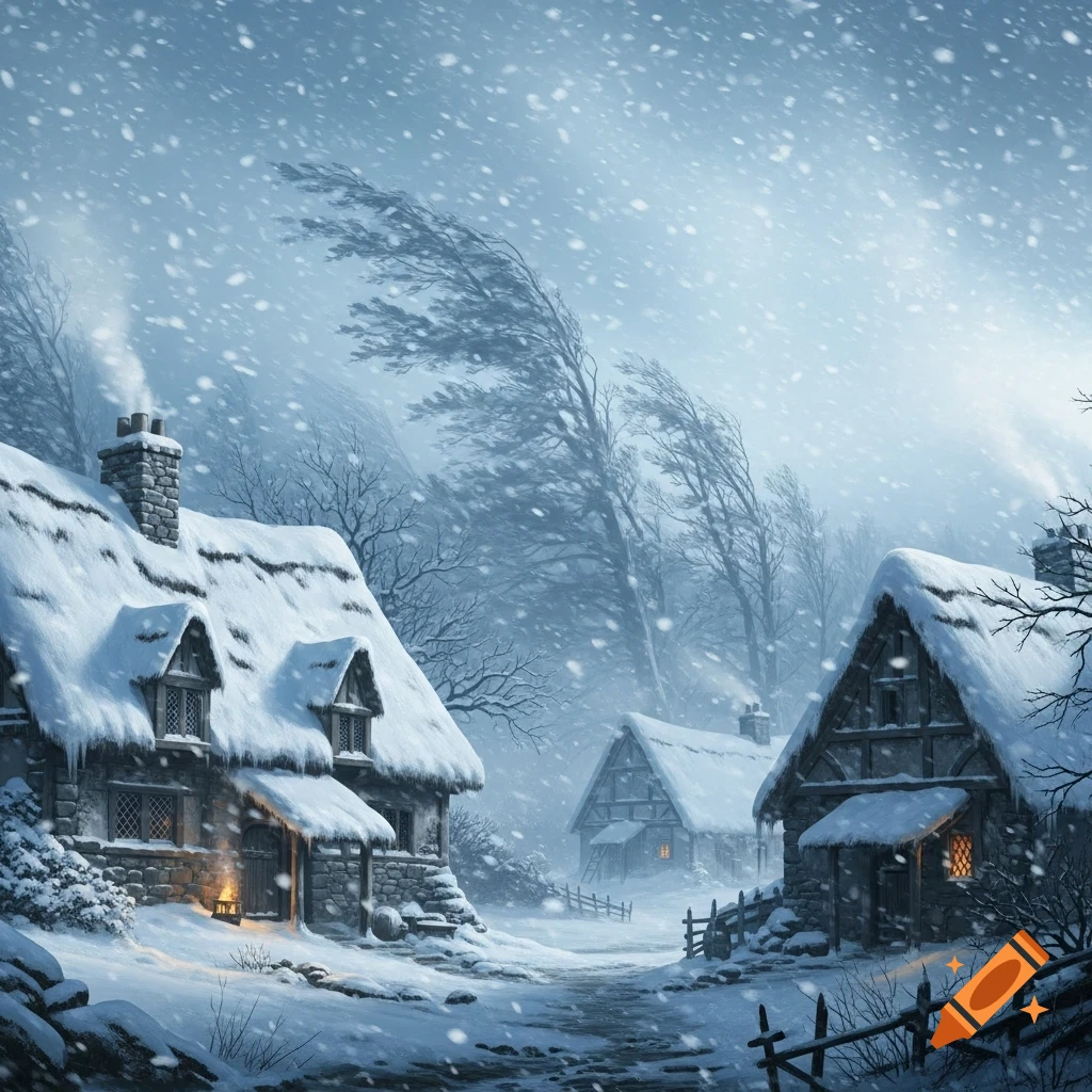 A snow-covered village with quaint cottages and wind-blown trees, engulfed in a heavy snowstorm, in a painterly style.