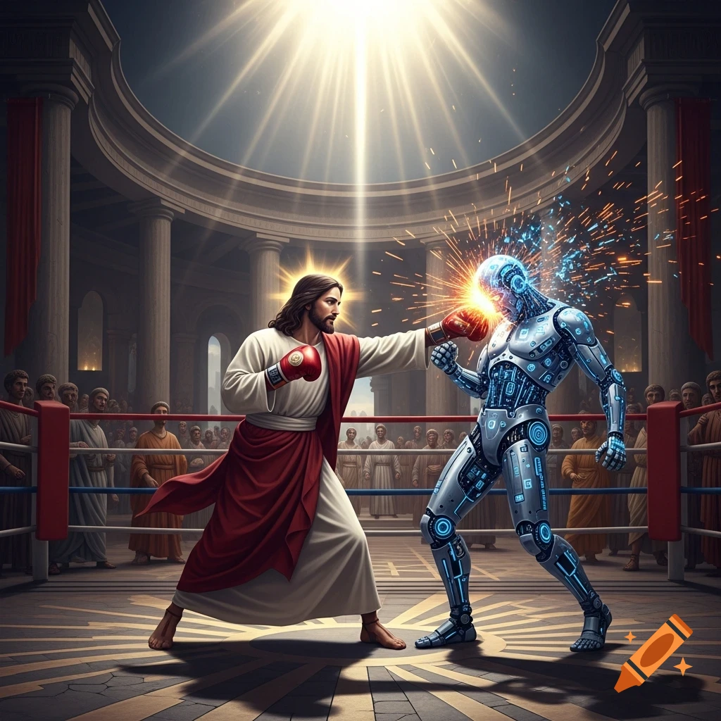 Jesus in a boxing ring, wearing red gloves, punches a sparking robot as a crowd watches in a grand arena.