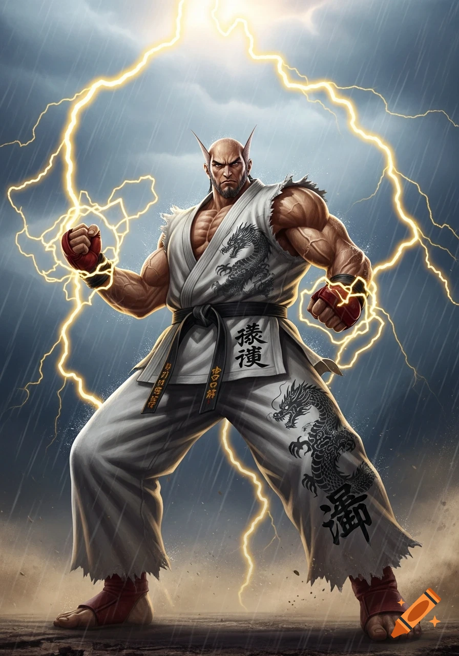 A muscular bald man with pointy ears in a white karate gi stands powerfully as golden lightning crackles around him in a stormy setting.