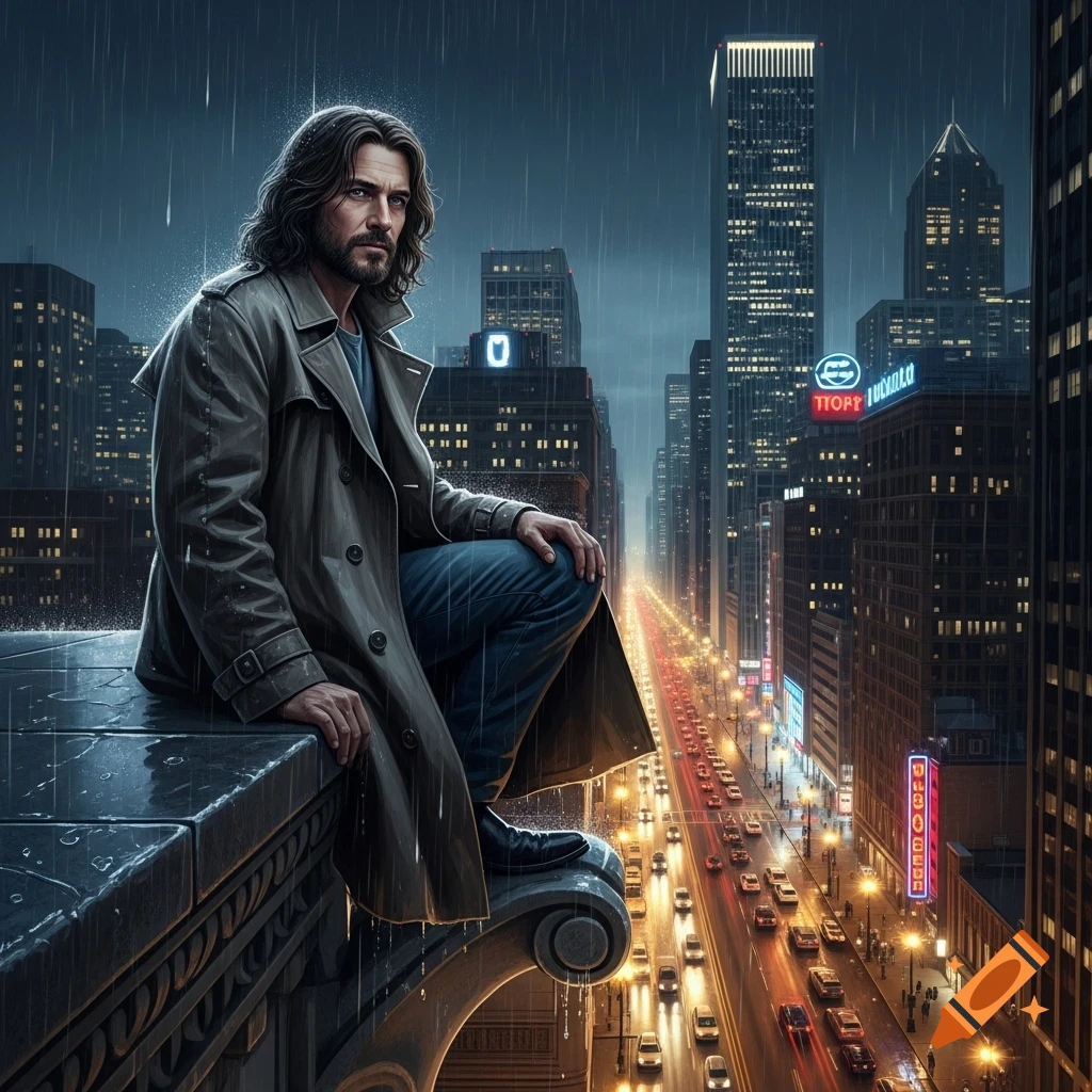 A man in a trench coat perches on a building ledge, overlooking a rainy, illuminated city street at night.