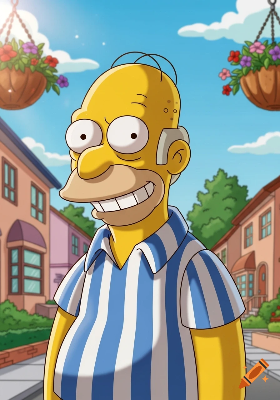 Homer Simpson smiles, wearing a blue and white striped polo shirt, standing on a street in front of cartoon houses with hanging flower baskets.