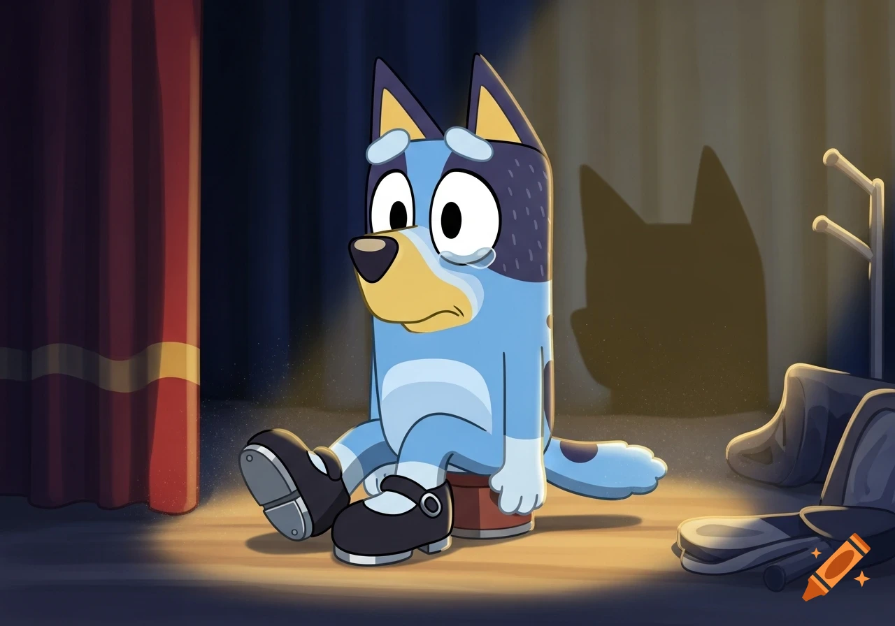 2D cartoon Bluey Heeler dog crying and sitting backstage in black tap shoes, lit by a spotlight.