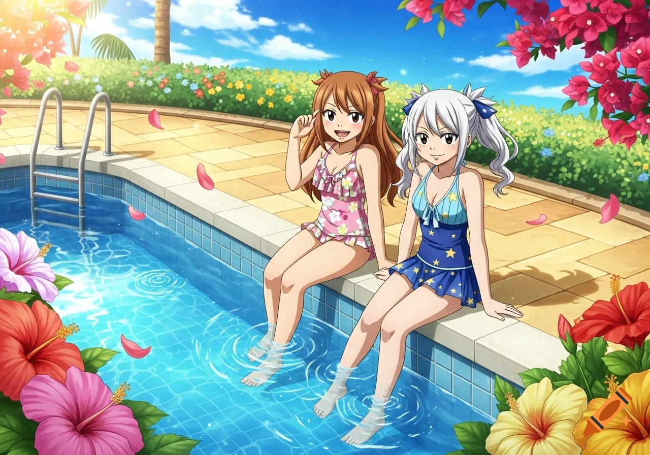 Two anime girls in swimsuits sit by a sunny poolside with their feet in the water, surrounded by colorful flowers and green plants.