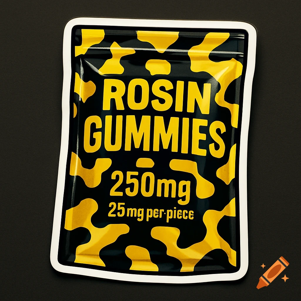 A yellow and black camouflage sticker for Rosin Gummies, showing 'ROSIN GUMMIES 250mg 25 mg per piece' on a black background.