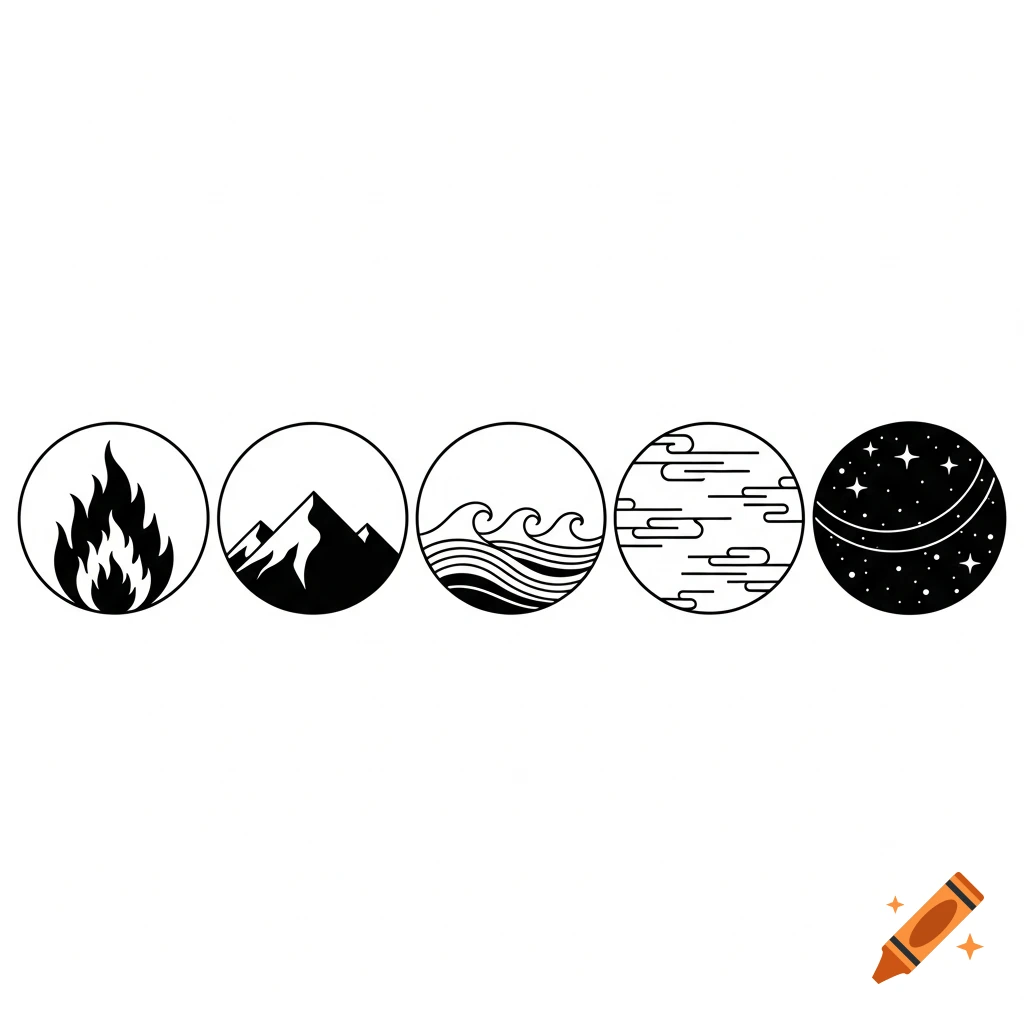 Five minimalist black and white circular icons representing fire, mountains, waves, clouds, and stars.