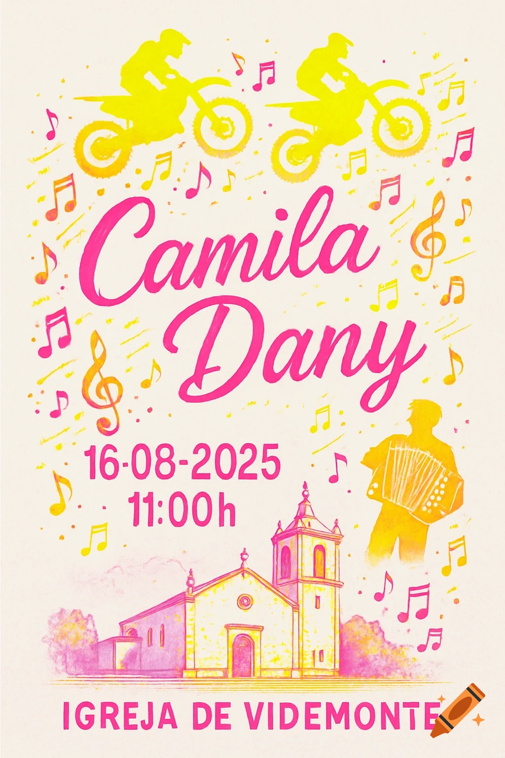 Watercolor wedding invitation featuring yellow motocross riders, musical notes, a church, and an accordion player, with event details.