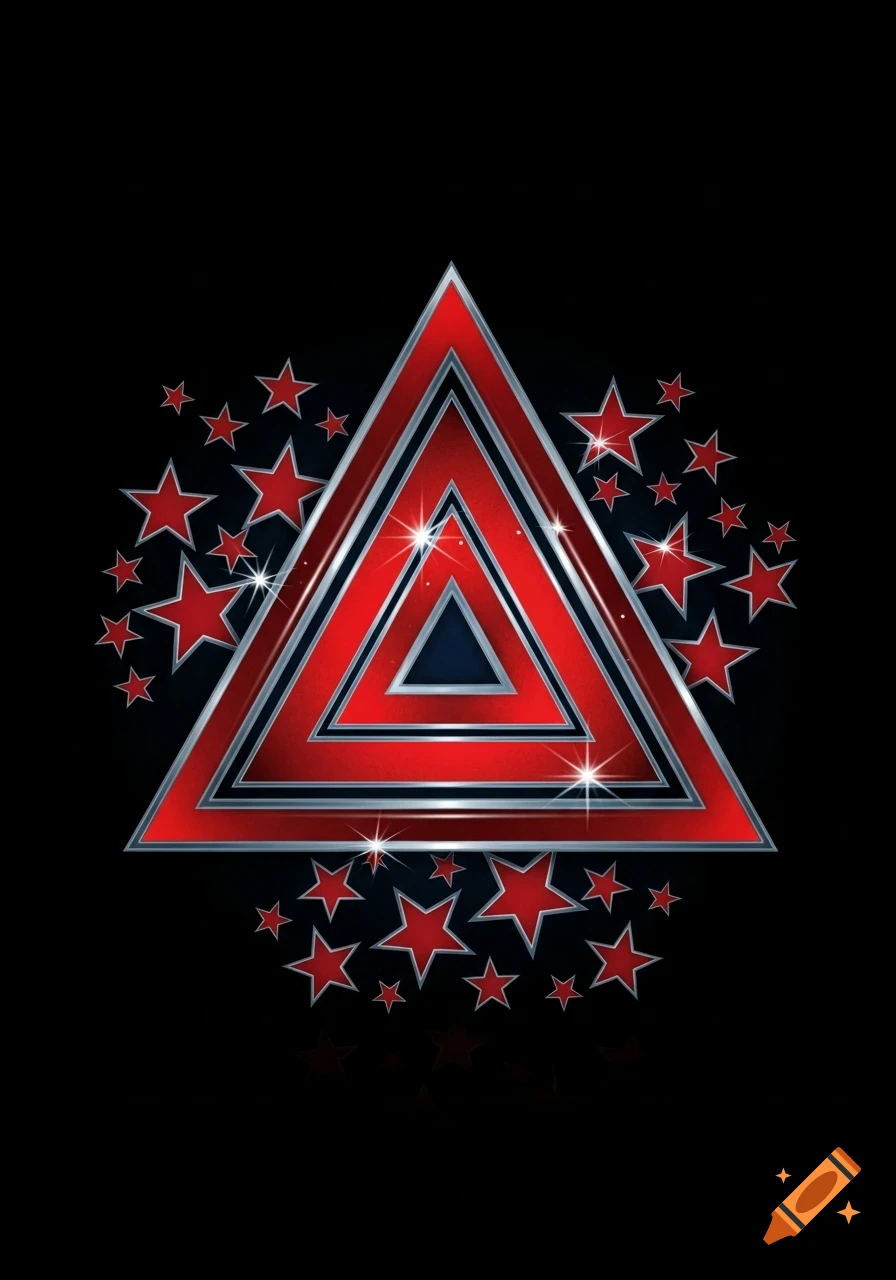 A glossy red and silver outlined triangle surrounded by multiple sparkling red stars on a black background.