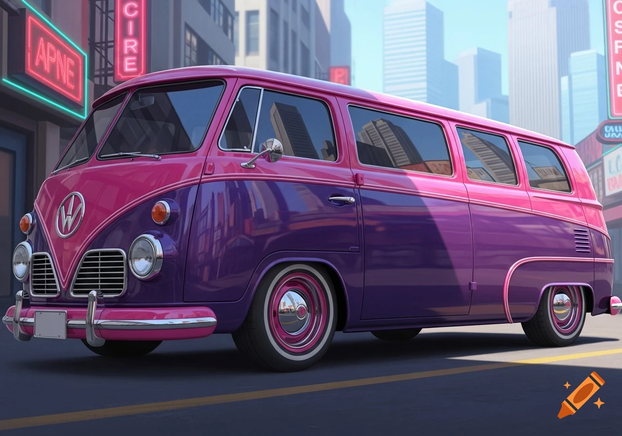 A vibrant purple and pink retro Volkswagen van parked on a city street with tall buildings and neon signs in the background.