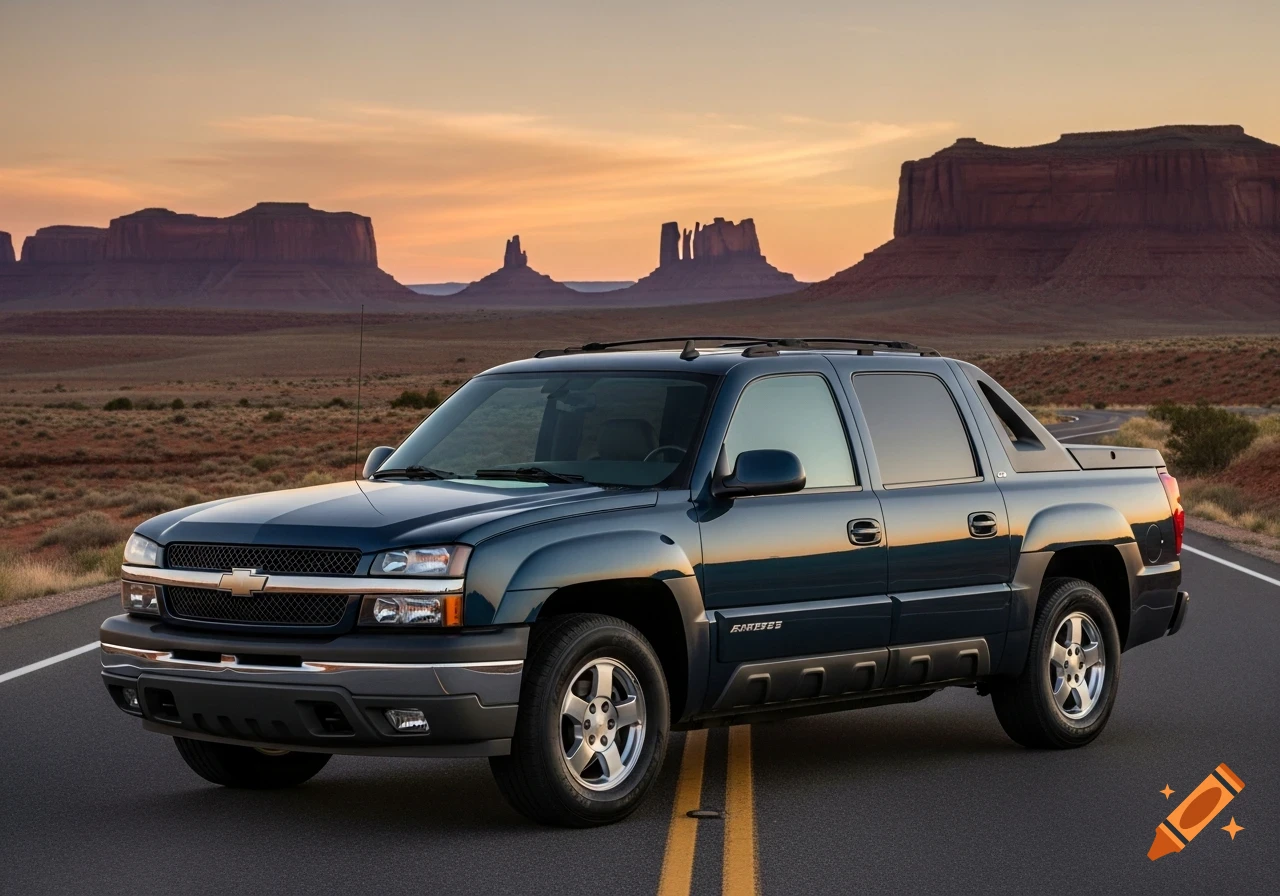 A dark blue Chevrolet Avalanche truck is parked on an asphalt road at sunset, with a sweeping desert landscape and red rock formations in the background.