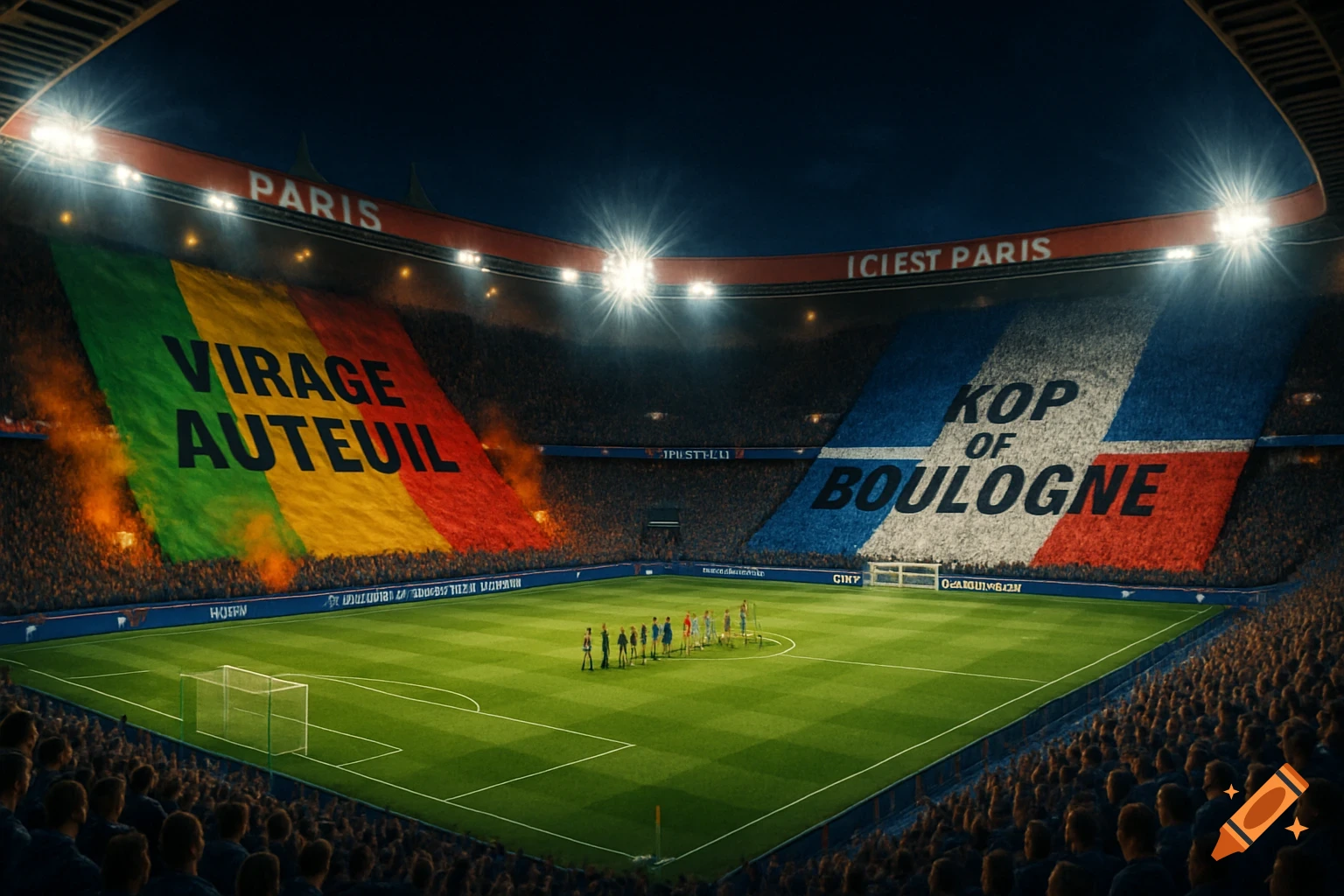 A night view of a packed football stadium, Parc des Princes, with large tifos displaying 'Virage Auteuil' and 'Kop of Boulogne' on colorful flags. Players stand on the green field under bright lights.