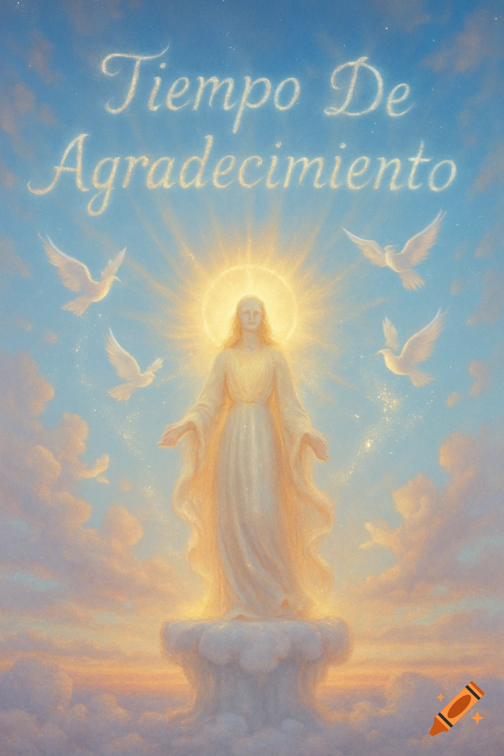 Ethereal angelic figure on a cloud, surrounded by doves in a blue sky, with 'Tiempo De Agradecimiento' in glowing script.