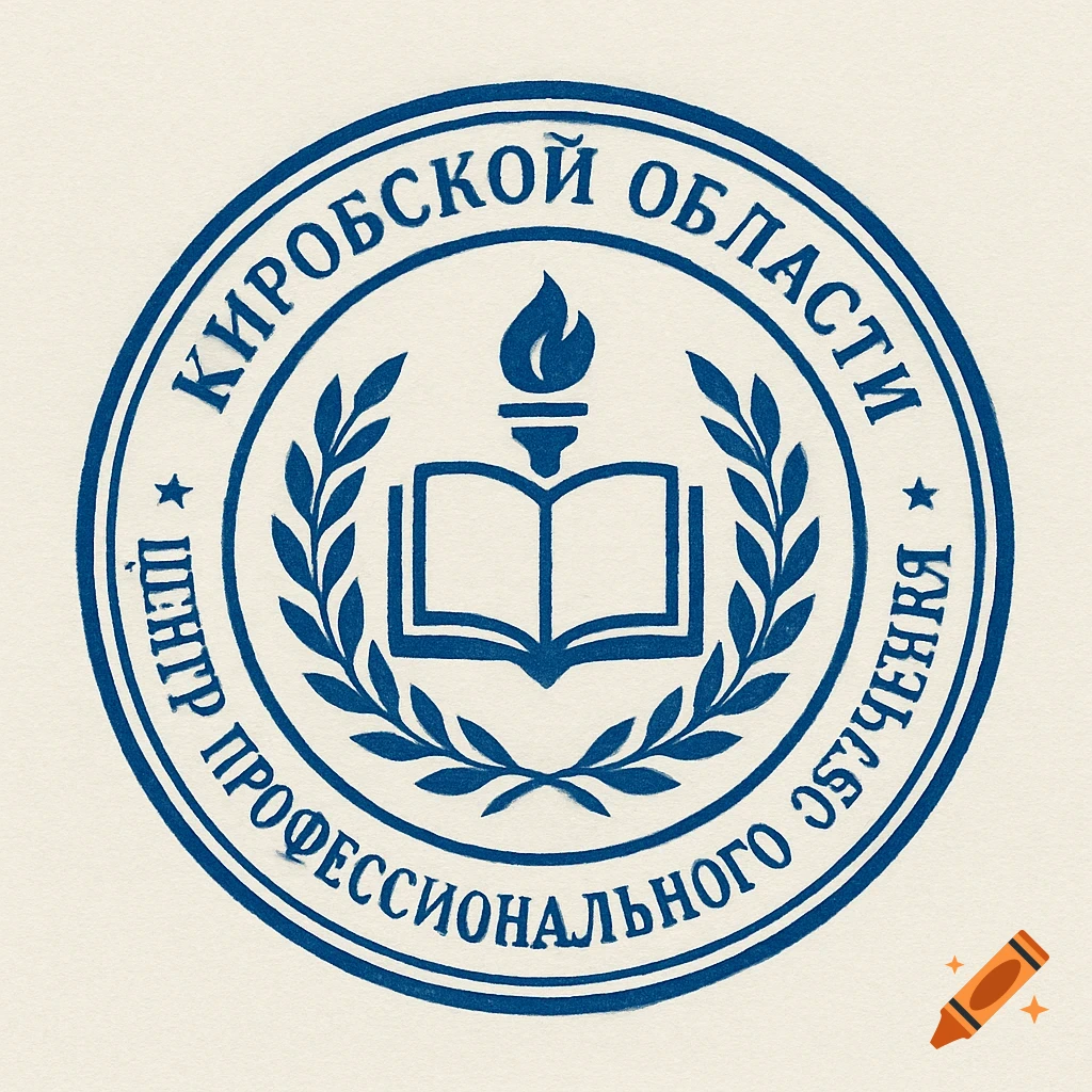 A blue circular seal with Russian text, a torch, an open book, and olive branches, all on a light background.