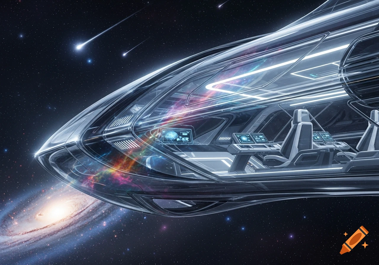 A sleek, transparent glass spaceship with an illuminated cockpit flies past a spiral galaxy and shooting stars in deep space.